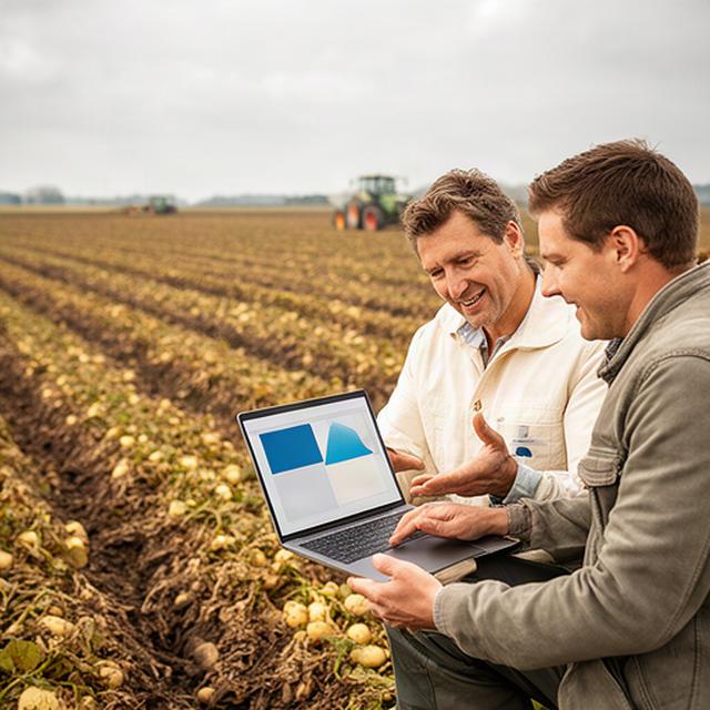 Adviseur en Brabantse teler bespreken precisielandbouw op een laptop naast een akker