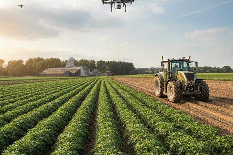 Middelgroot akkerbouwbedrijf in Noord-Brabant met aardappelvelden, trekker en dronebeelden