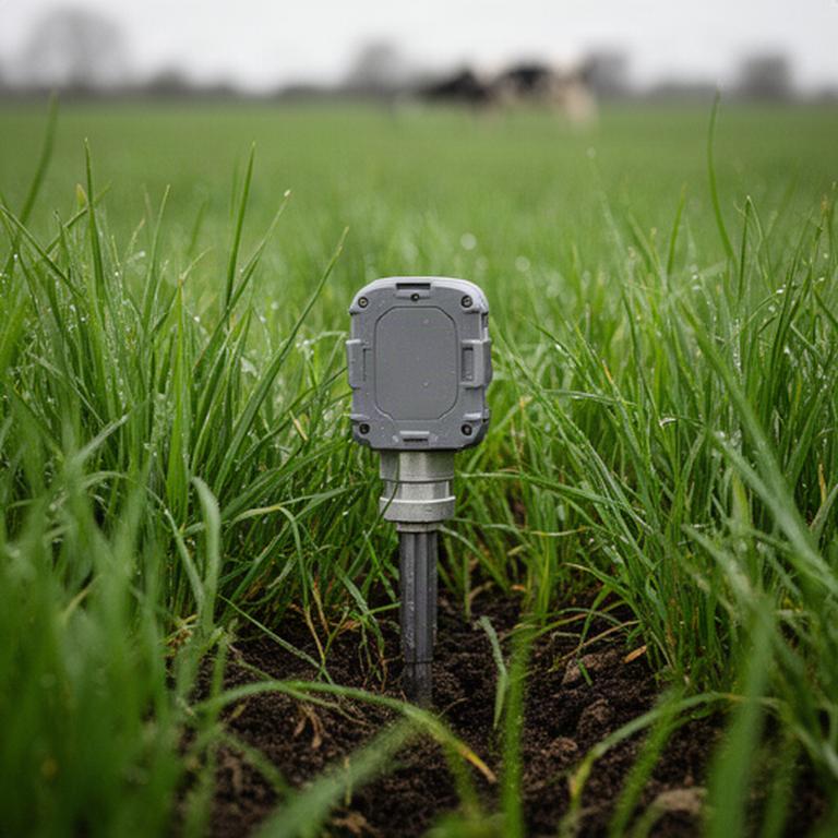 Bodemvochtsensor tussen grasplanten op een melkveebedrijf in Noord-Brabant