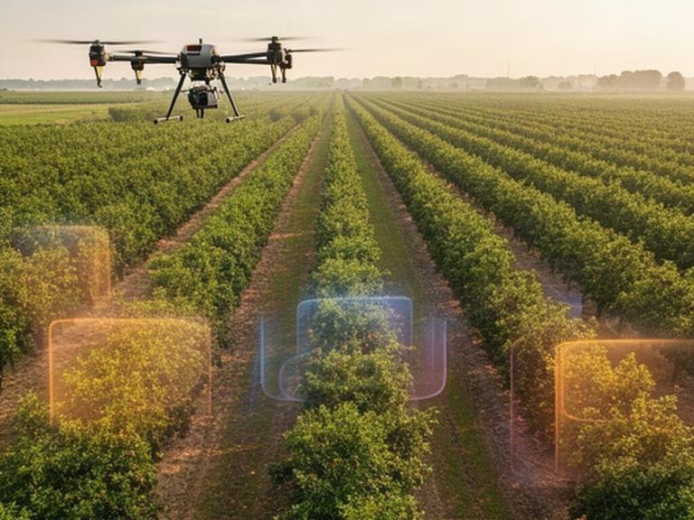Drone boven een Brabantse boomgaard met rijen fruitbomen en gemarkeerde gewaszones