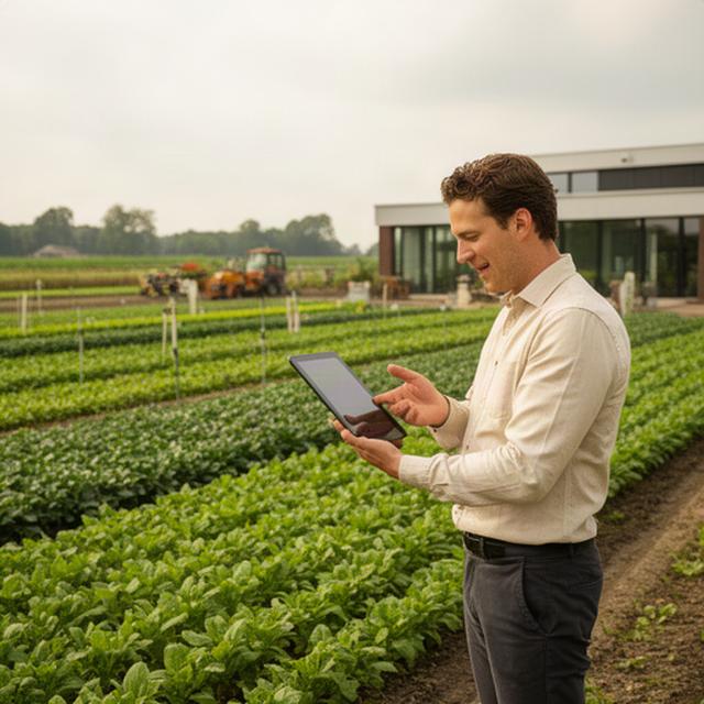 Agritech-specialist met tablet bij proefveld naast het kantoor in Geldrop