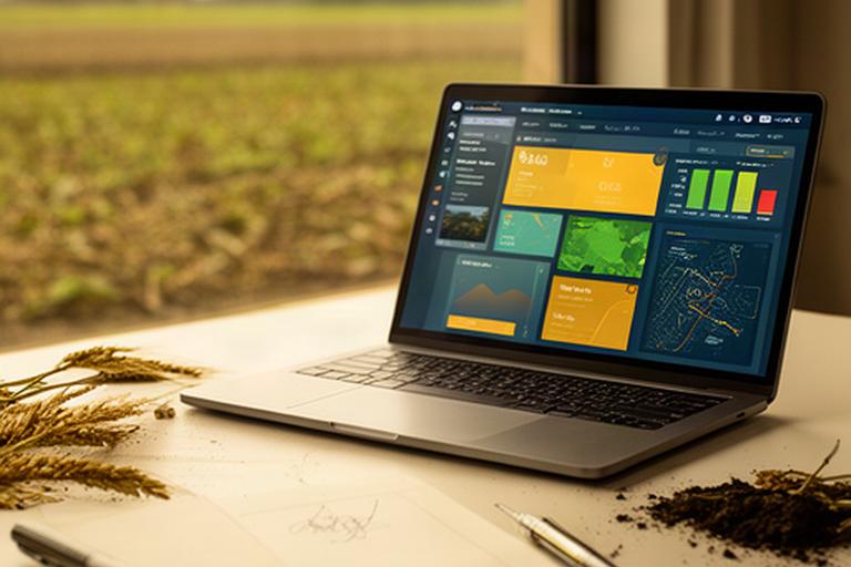 Laptop met teeltdashboard naast veldnotities op een bureau bij een landbouwbedrijf