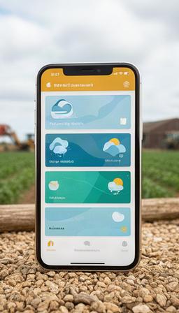 Smartphone met mobiel landbouwdashboard en weersinformatie op het erf
