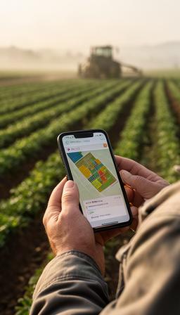 Landbouwmedewerker gebruikt een smartphone met perceelkaart en taakmelding naast een akker