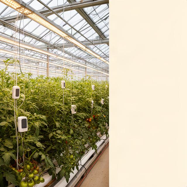 Moderne glastuinbouwkas bij Eindhoven met tomatenrijen, sensoren en LED-belichting