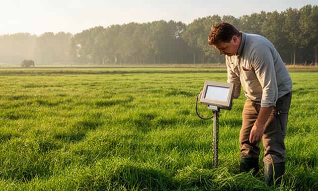 Grasland bij Mierlo met een melkveehouder en een meetinstrument voor ruwvoeropbrengst