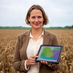 Agronoom Chanta Kriger bij een akker in Noord-Brabant met een tablet vol perceeldata
