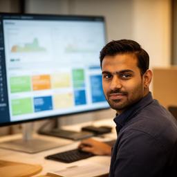 Data-analist Omkar Schiltkamp in een kantoor in Geldrop met landbouwdashboards op een scherm