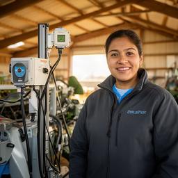 Supportspecialist Pinky Gunhan naast landbouwapparatuur in een Brabantse schuur
