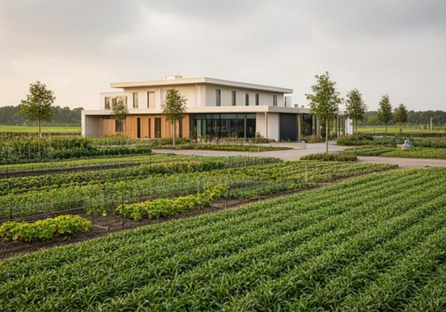 Kantoor van Eline's Efficiëntie aan De Zegge in Geldrop met groen proefveld op de voorgrond