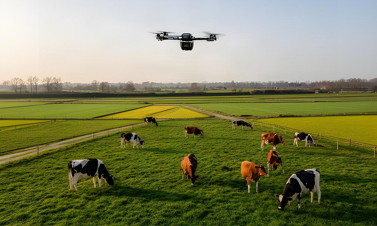 Groen grasland met grazende koeien en een drone boven percelen bij Geldrop