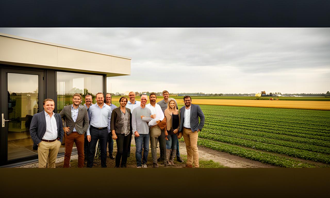 Agritech-team voor het kantoor in Geldrop met akkers op de achtergrond