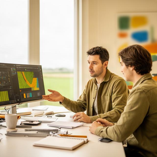 Agronoom van Eline's Efficiëntie bespreekt perceeldata in een lichte werkruimte