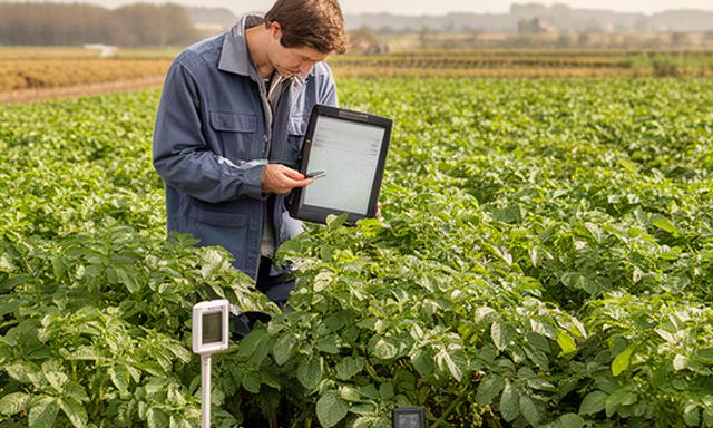 Teler controleert sensormetingen bij aardappelplanten op een Brabants proefperceel