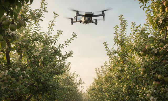 Fruitboomgaard vanuit laag perspectief met drone-monitoring voor gewascontrole
