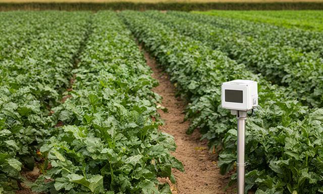 Suikerbieten in rijen op een akker in Noord-Brabant met veldsensor aan de rand
