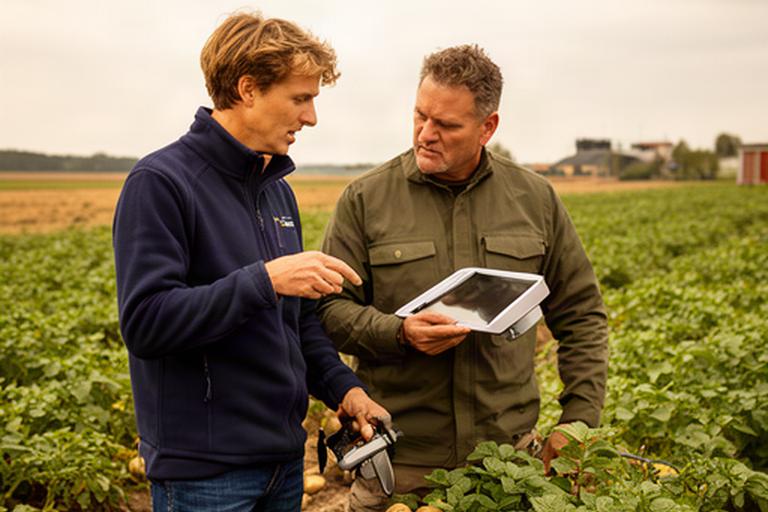Teeltbegeleider bespreekt een gewasmeting met akkerbouwer langs een aardappelveld in Brabant